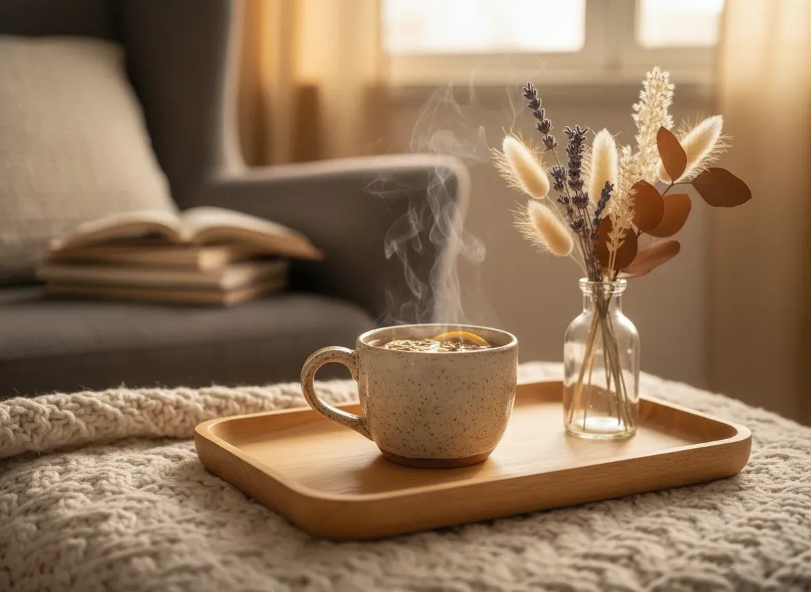 A calm herbal tea scene that reflects a founder's early memory of herbs and ritual