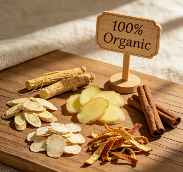 4 Sunrise Qi warming herbal morning tea prepared in a cup