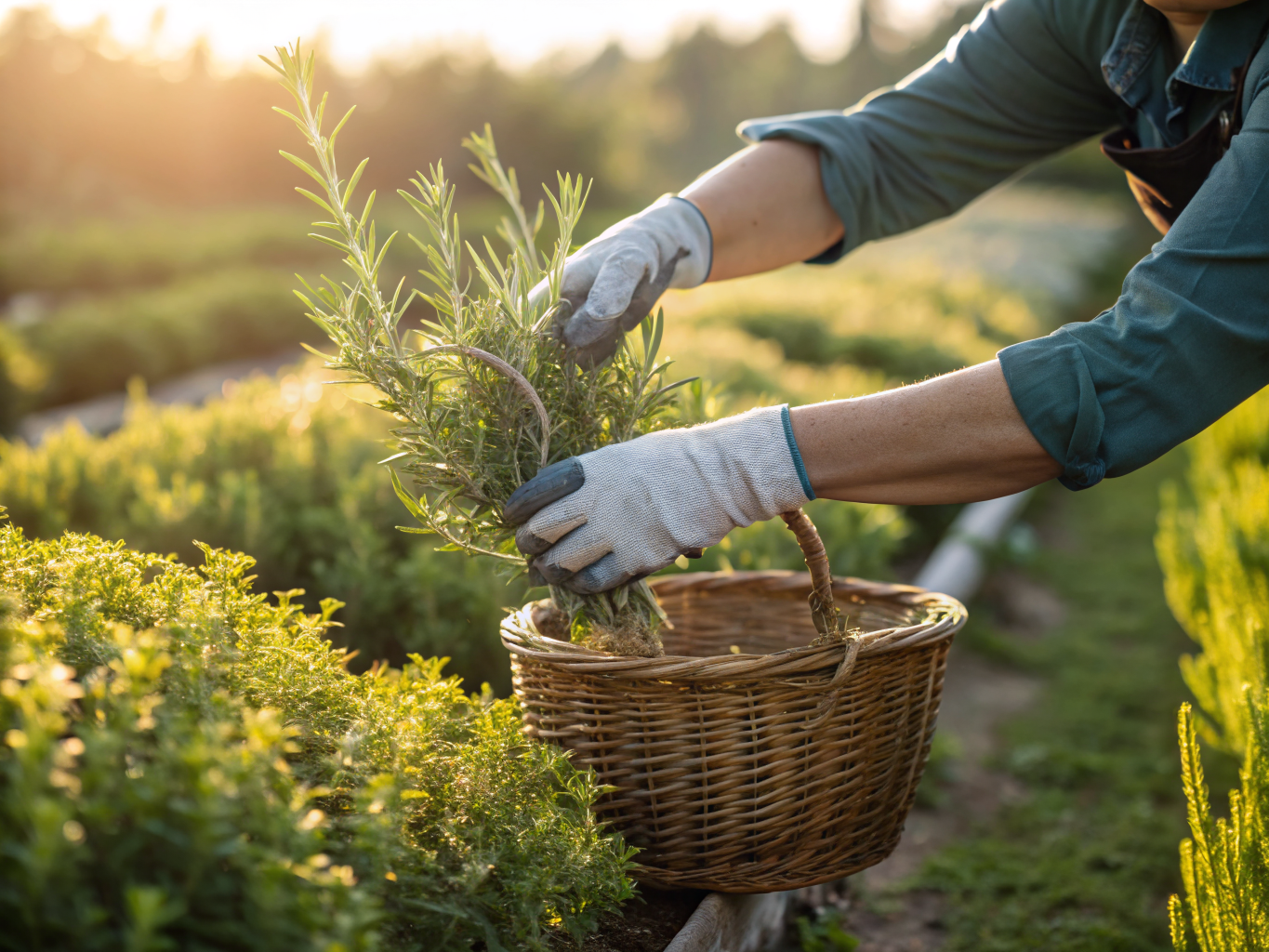 Hands gathering fresh herbs in a calm natural environment